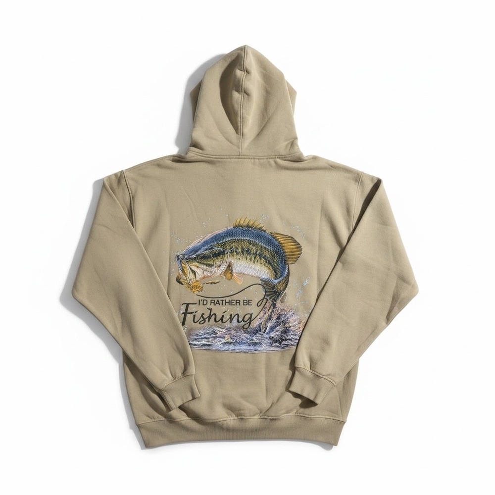 The Bradford Exchange Fishing Hoodie Mens XL Tan NEW I'd Rather Be Fishing Bass